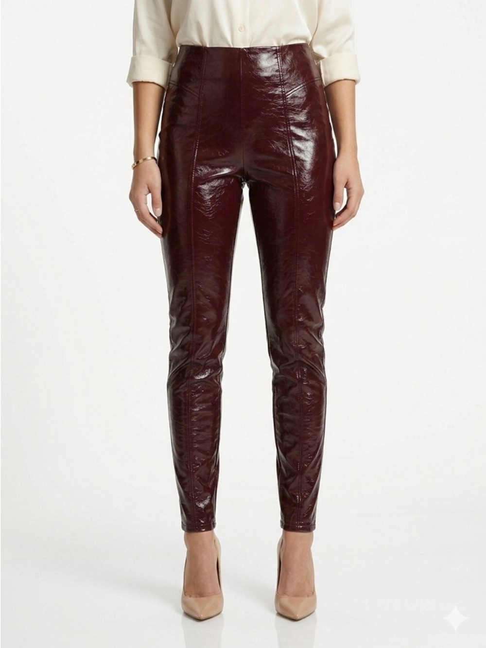 Spanx Leggings High Waisted Faux Patent Leather Ruby Burgundy Size M